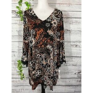Nina Leonard Tunic Dress sz Small Black Brown Paisley Lace Boho Wedding Dinner